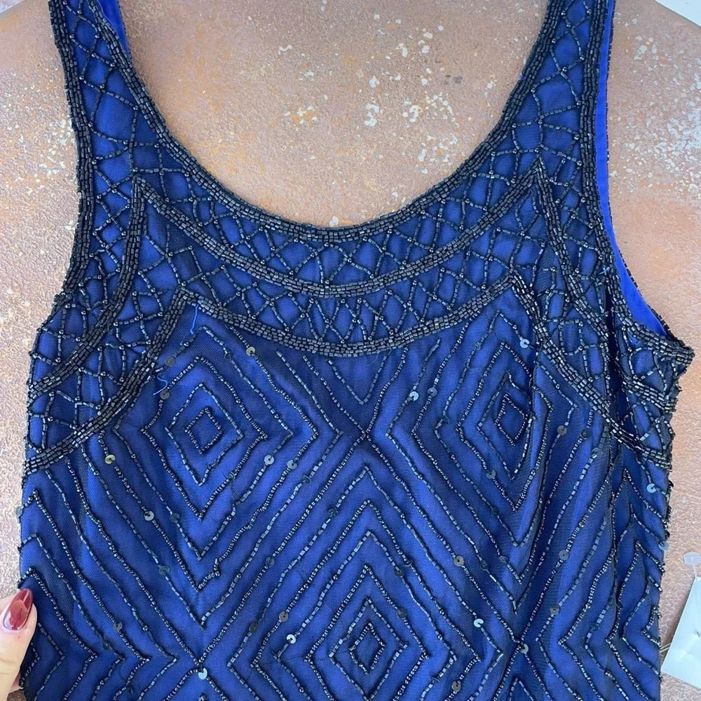 NWT Vintage Laurence Kazar Navy blue beaded sequins dress sz s